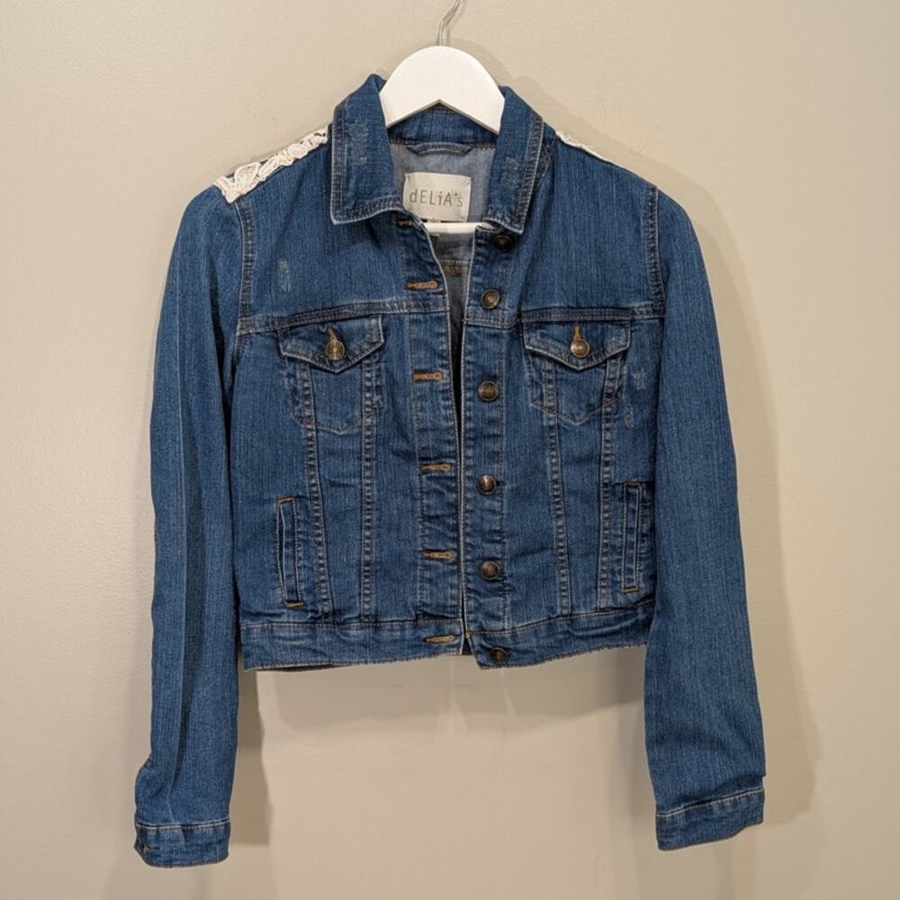 Delia's Denim Crop Jacket Trucker Y2K 90s Crochet - Size XS